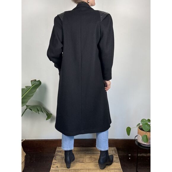 Vintage Jofeld 80s Double Breasted Black Wool & Leather Trench Coat USA ILGWU - Picture 4 of 14